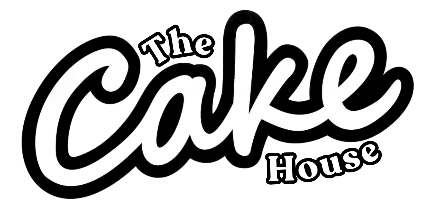 The words "The Cake House" in bold, stylized white cursive font on a black background.