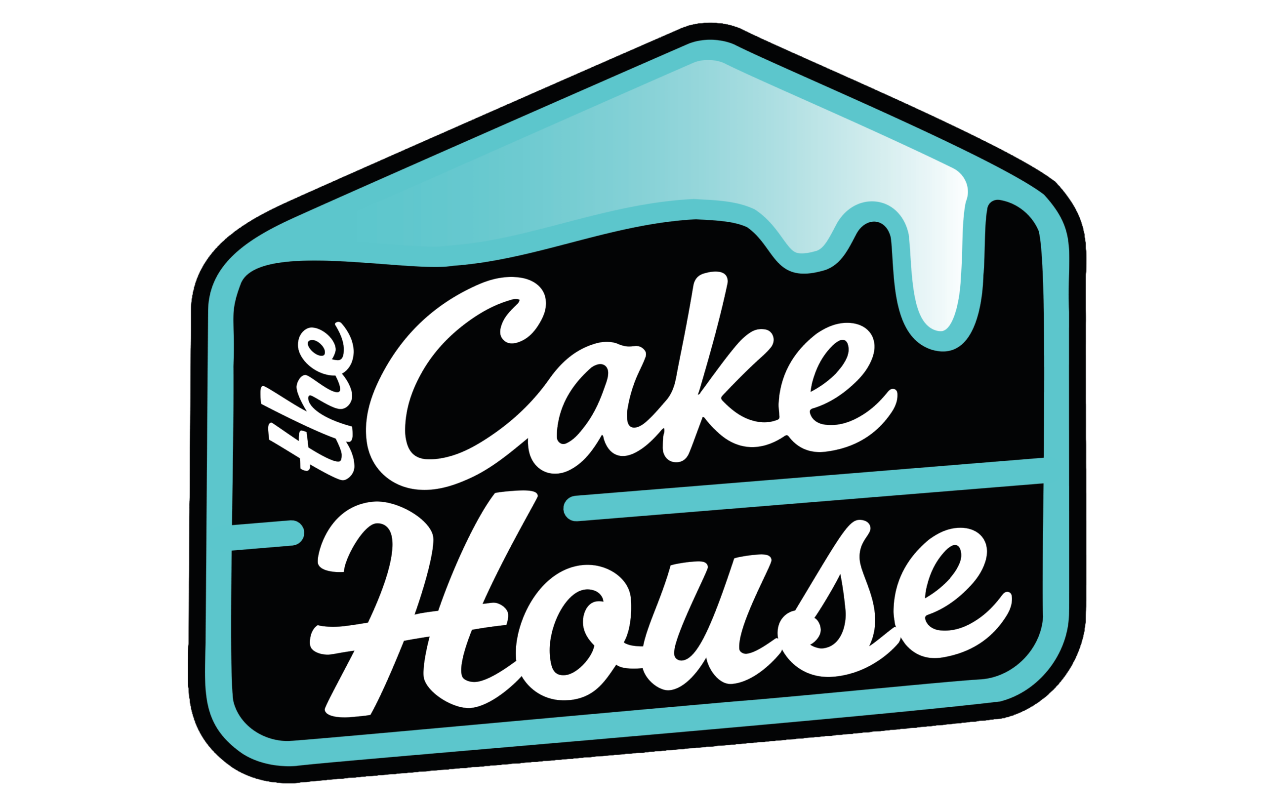 Stylized text "the Cake House" with icing design above in a black and blue color scheme.
