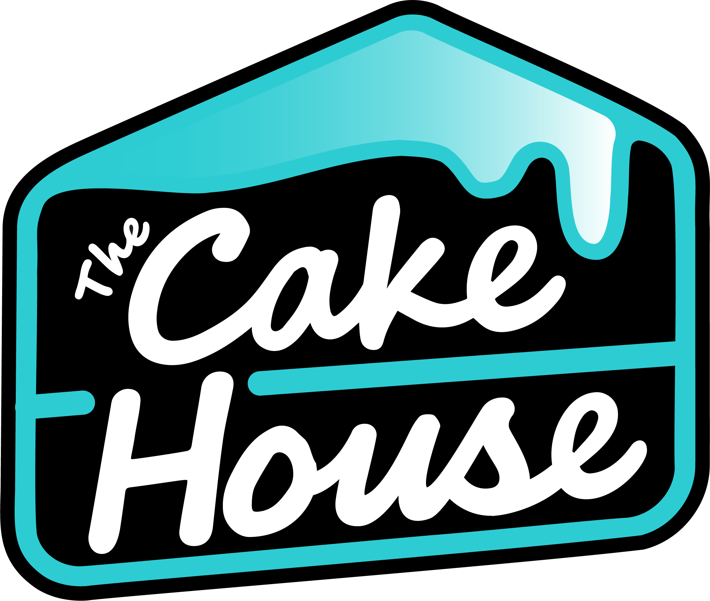 The Cake House logo in teal, shaped like a cake slice with icing.